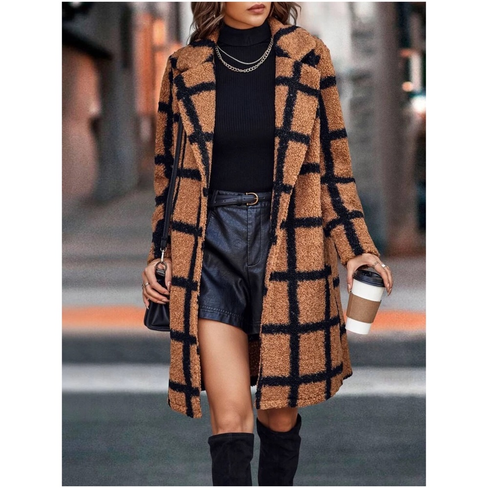#17 Cozy Plaid Button Long Teddy Oversized Jacket Coat - Picture 6 of 7